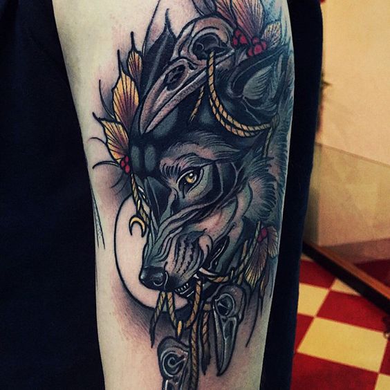 thoughtful wolf leg tattoo for men