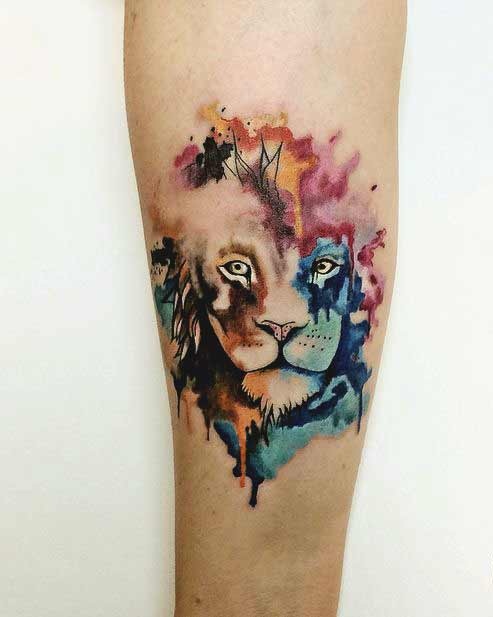 water color lion face leg tattoo for guys