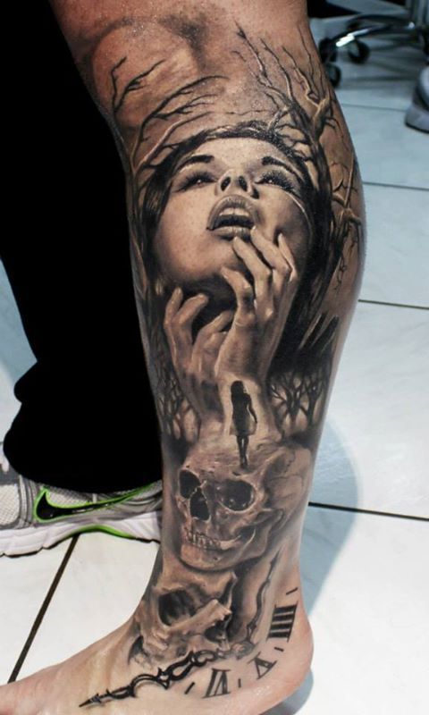 woman's face and death leg tattoo for men