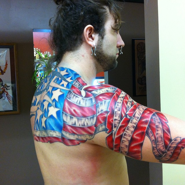 back and arm american flag tattoo for men