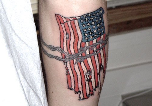 barbed wire american flag tattoo for men