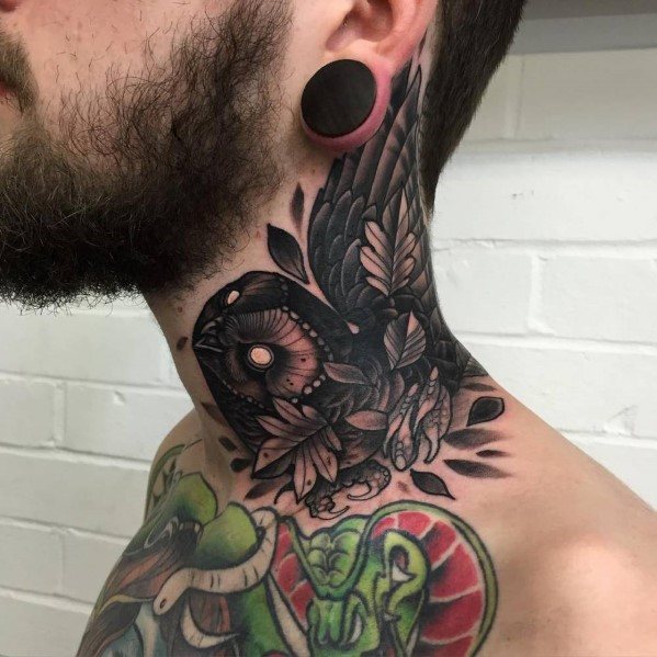 bird and leaves neck tattoo for men