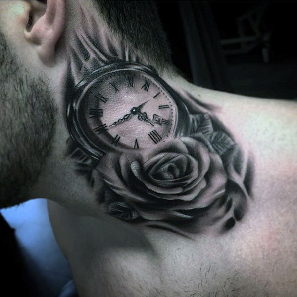clock neck tattoo for men