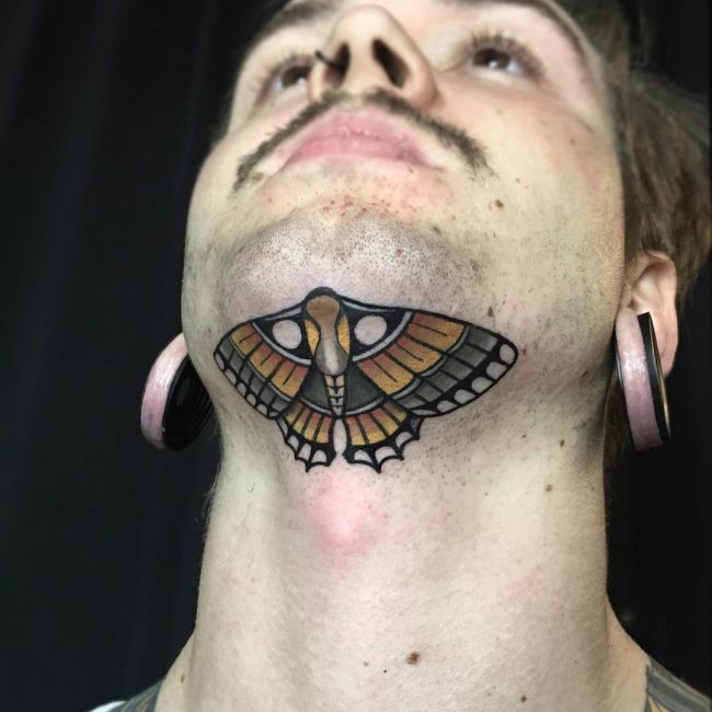 colored butterfly neck tattoo for men