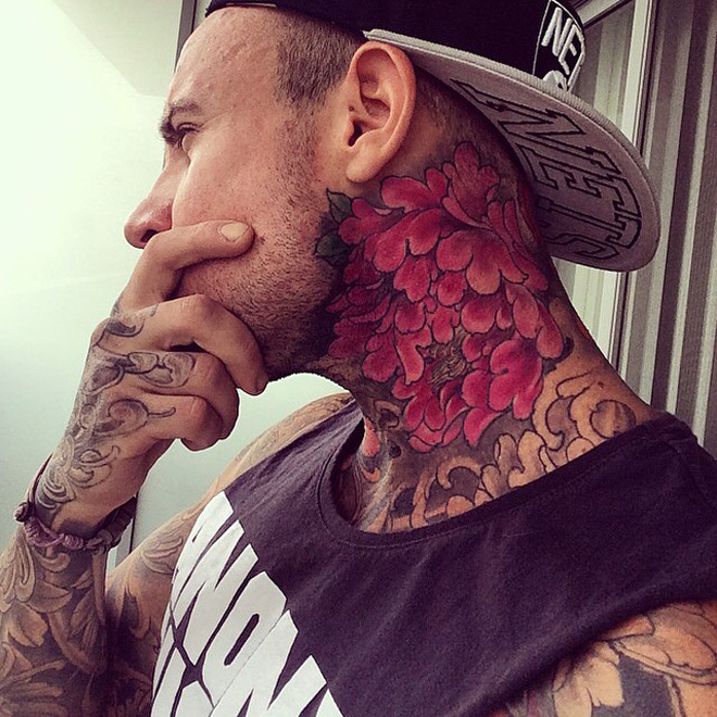 colored flower neck tattoo for men