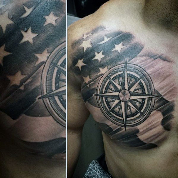 compass and american flag tattoo for men