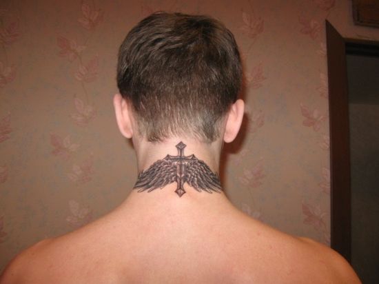 cross and angel wings neck tattoo for men