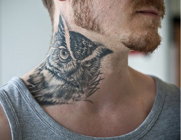 detailed owl neck tattoo for men