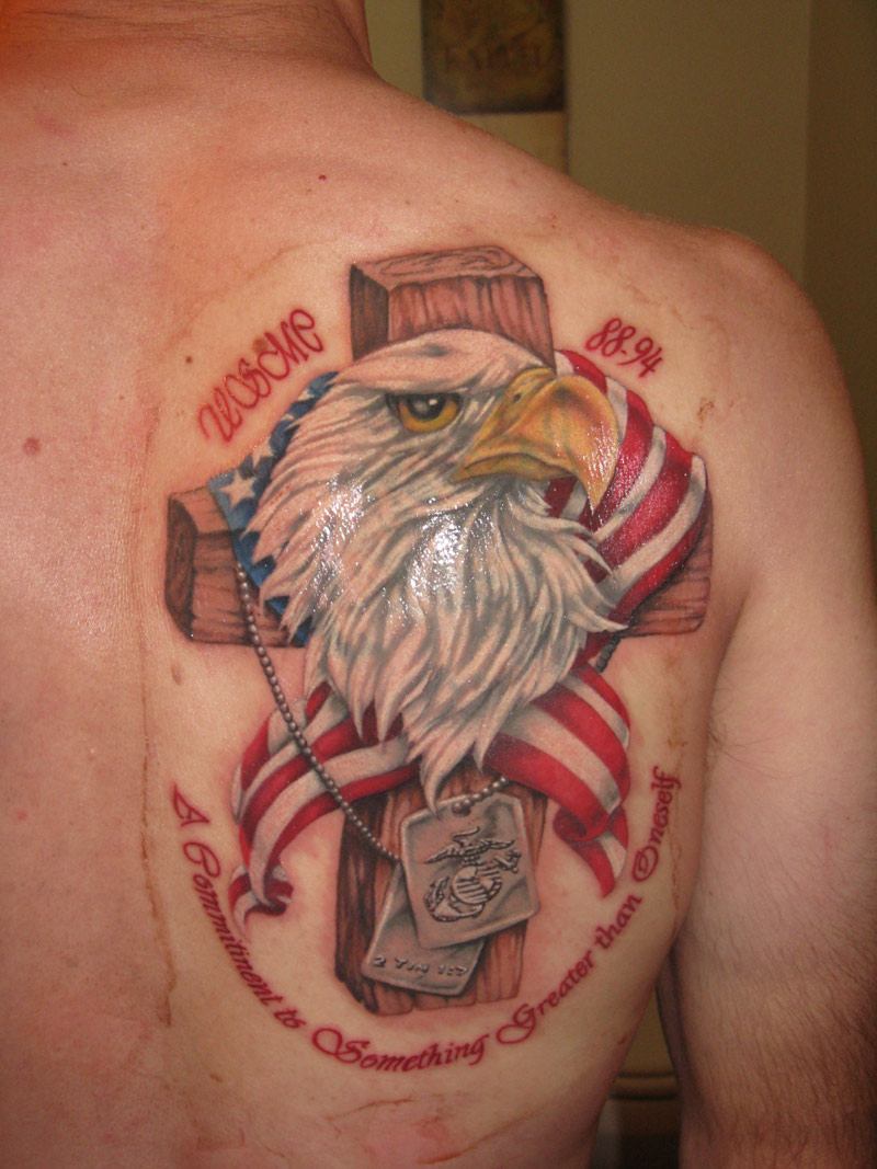 eagle and cross memorial american flag tattoo for men