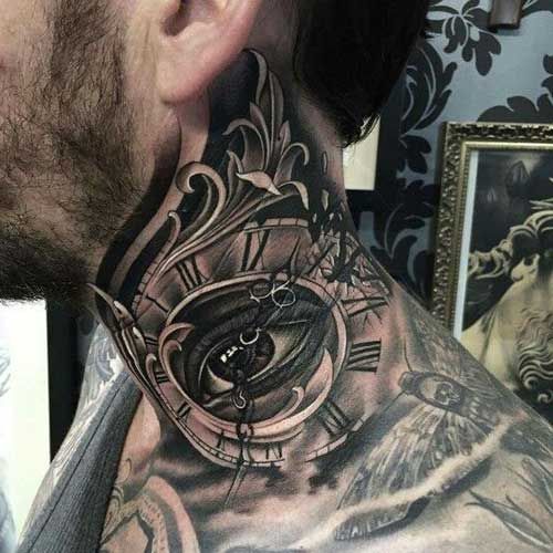 eye and clock neck tattoo for men