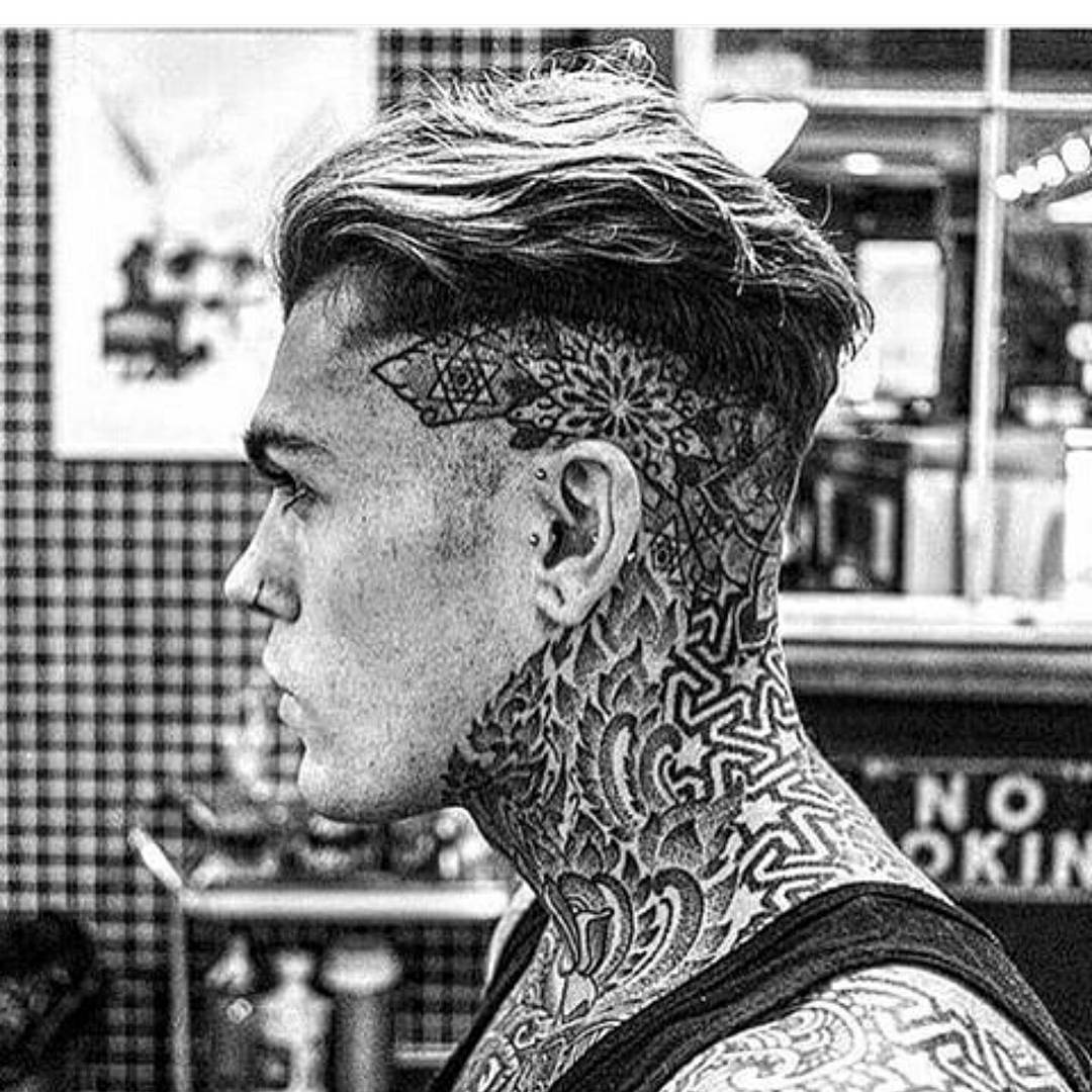 geometric designs neck tattoo for men