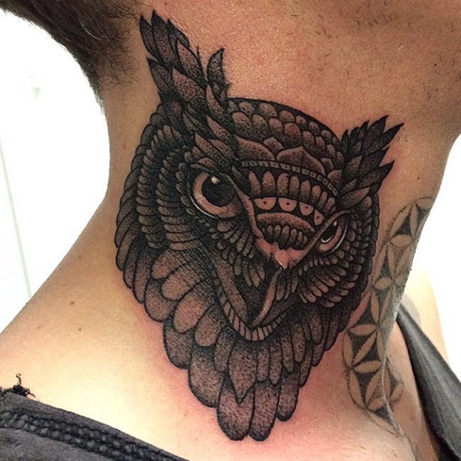 owl face neck tattoo for men