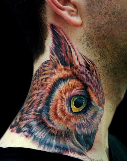 owl profile neck tattoo for men