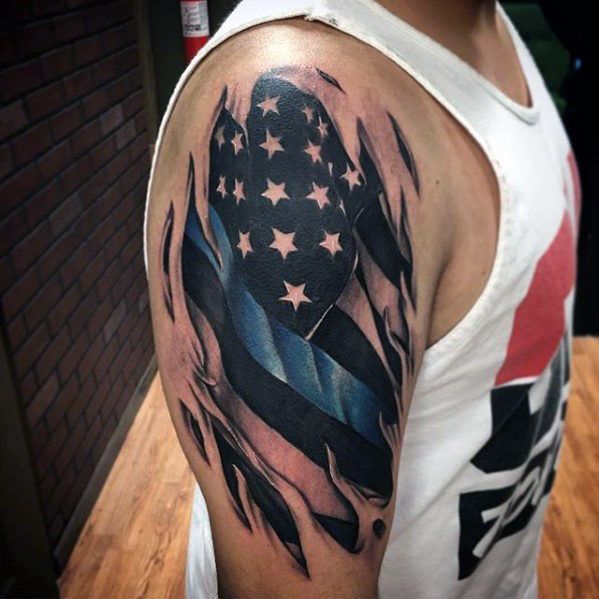shredded skin american flag tattoo for men