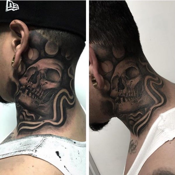 skull neck tattoo for men.
