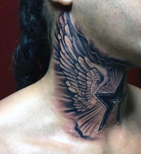 star and wing neck tattoo for men