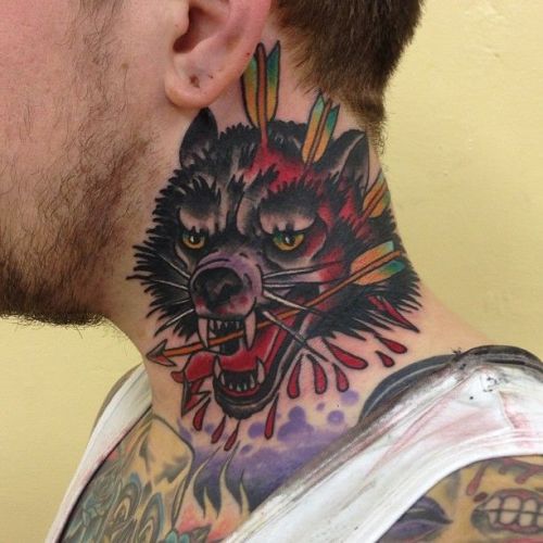 wolf face neck tattoo for men