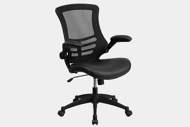 Flash Furniture Mid-Back Black Mesh Swivel Task Chair with Leather Seat and Flip-Up Arms