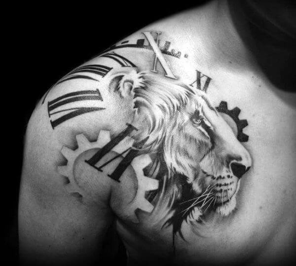 badass-lion-clock-tattoo-lion-chest-tattoo