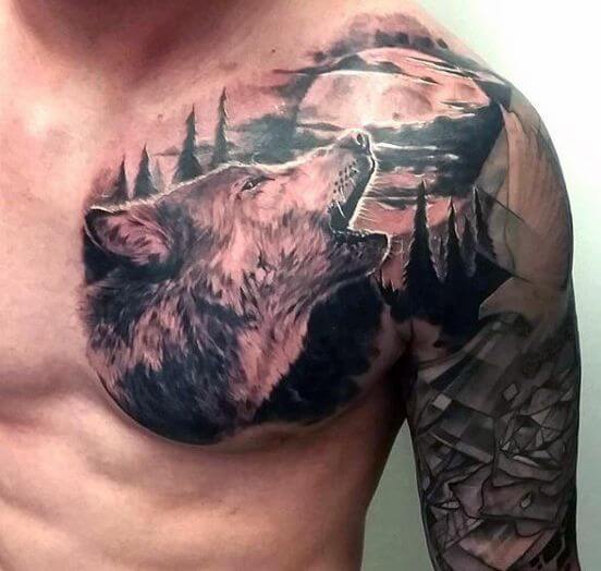arm chest shoulder wolf tattoo woods