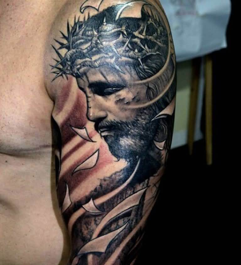 Amazing-Jesus-Christian-Tattoo-On-Left-Sleeve-For-Men
