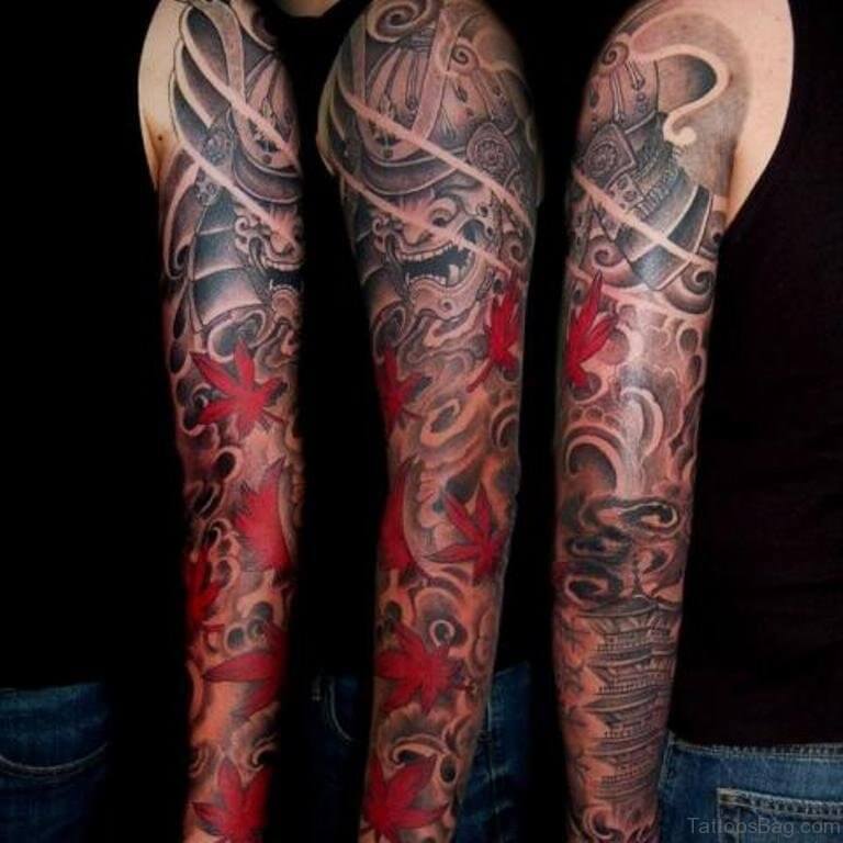 Angry-Warrior-Tattoo-On-Full-Sleeve-colored-red