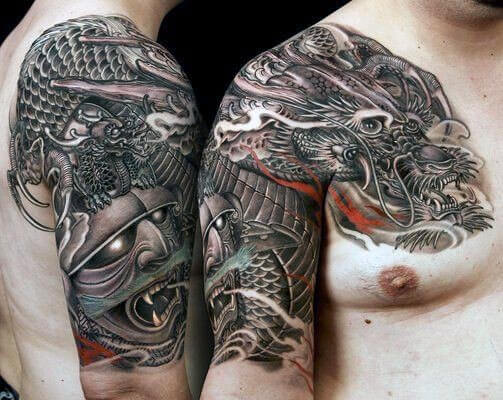 Black-Ink-Samurai-With-Dragon-Tattoo-On-Right-Half-Sleeve-By-Jess-Yen