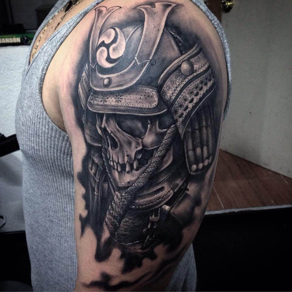 Black-Ink-Warrior-Skull-Tattoo-On-Man-Left-Half-Sleeve-By-Pig-Legion