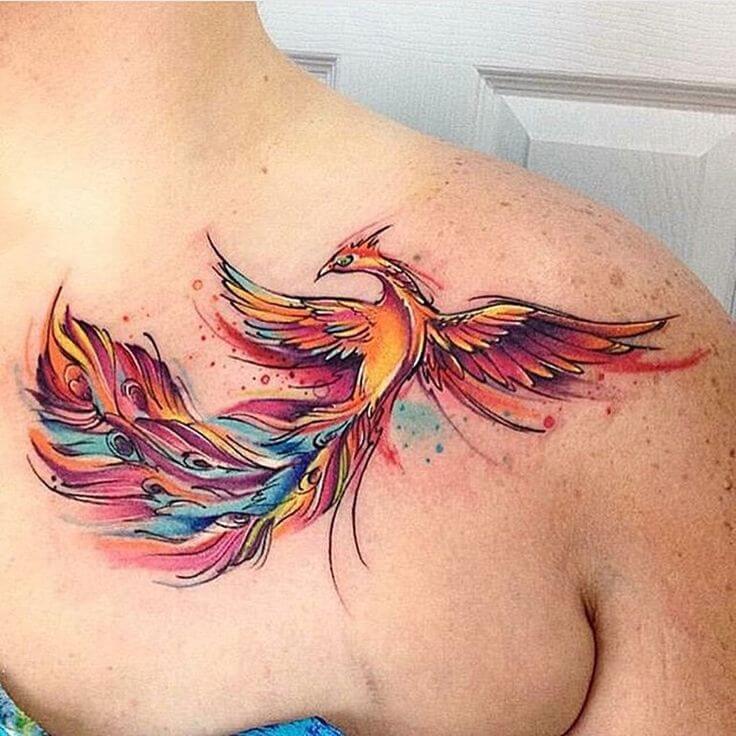 Colorful-Flying-Phoenix-Tattoo-On-Front-Shoulder