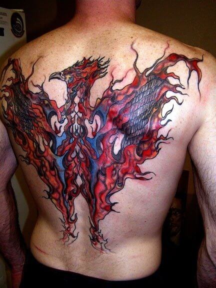 Cool-Fire-Phoenix-Back-Tattoo-on-Guy