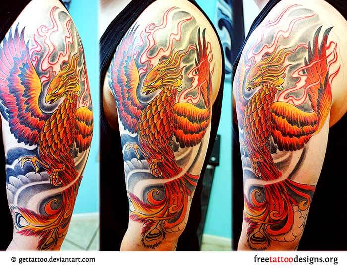 Flaming-Japanese-Phoenix-Tattoo-On-Man-Left-Half-Sleeve