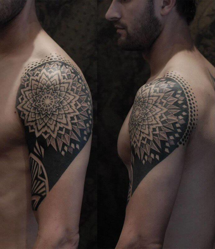 Quater-Half-Sleeve-Fantastic-Mandala-Flower-Tattoo-Design-Idea-For-Men