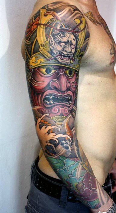 asian style massive huge multicolored sleeve tattoo