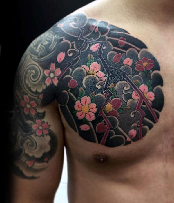 chest shoulder half sleeve tattoo japanese flowers