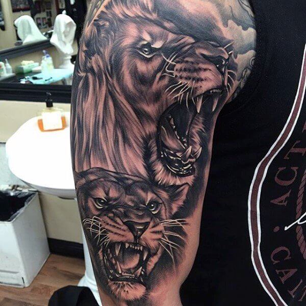 black and gray style shoulder tattoo