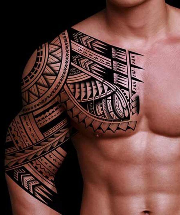 chest shoulder half sleeve tattoo tribal design