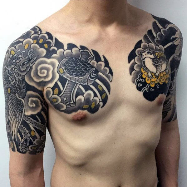 clouds-with-phoenix-and-frog-mens-chest-and-half-sleeve-japanese-tattoo-ideas-yakuza