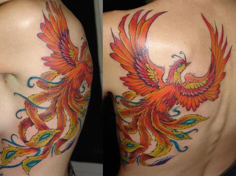 colored-flying-phoenix-back-tattoo