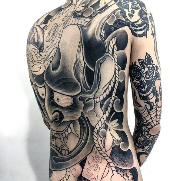 full-back-demon-oni-mask-japanese-guys-shaded-tattoo