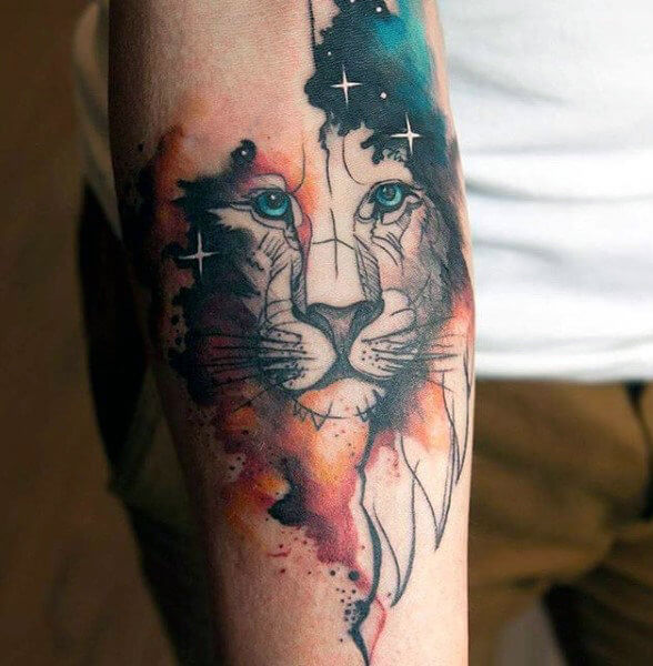 greeneyed-animal-watercolor-tattoo-on-forearms-for-men