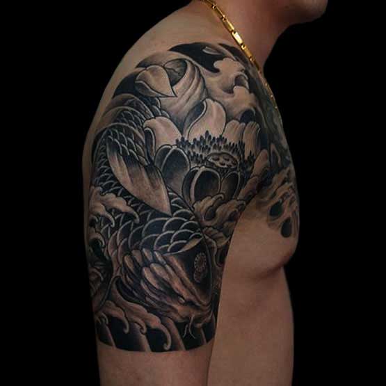 grey-ink-japanese-half-sleeve-tattoo-for-men guys