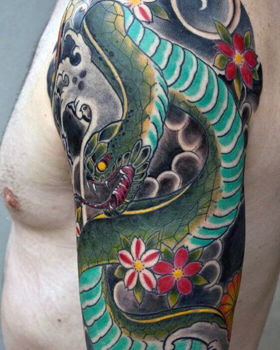 half-sleeve-mens-tattoo-ideas-with-japanese-snake-design