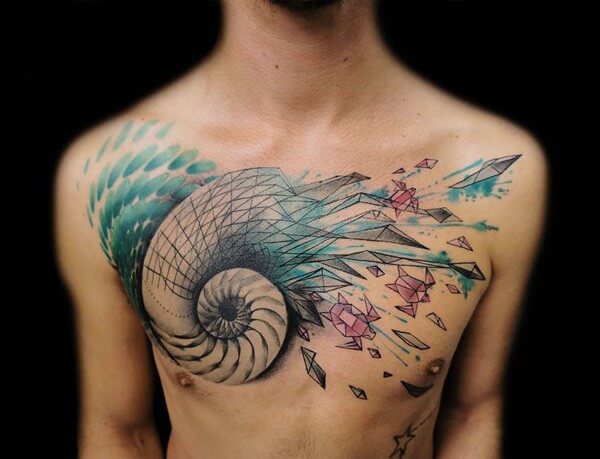 phenomenal-shell-tattoo-on-chest-With-colourful-ink-For-Man-And-Woman
