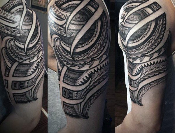 shaded-black-and-grey-ink-tribal-half-sleeve-tattoo-designs-for-men