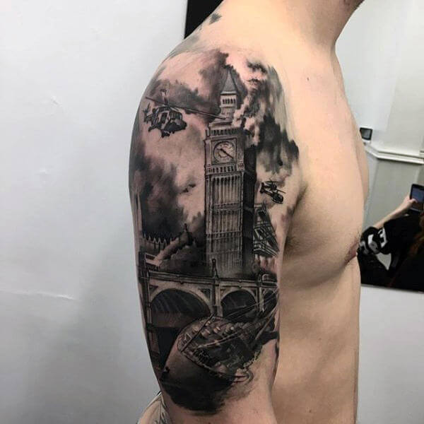 tower-clock-creative-mens-half-sleeve-tattoo-with-watercolor-background-designs