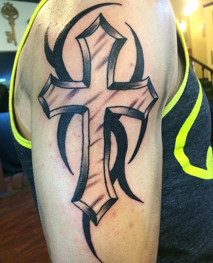 tribal cross tattoo shoulder