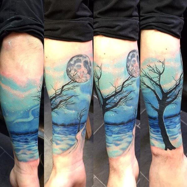 watercolor-sky-tree-sleeve-leg-tattoos-for-guys