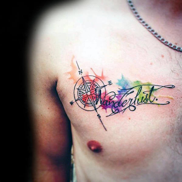 watercolor-wanderlust-compass-upper-chest-tattoos-for-men