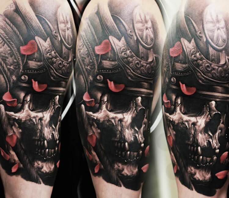 Black-Ink-3D-Samurai-Skull-Tattoo-On-Man-Right-Half-Sleeve-By-Denis-Sivak