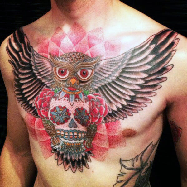 awesome-mens-owl-sugar-skull-tattoo-on-chest